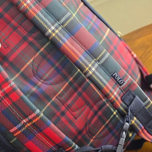 Polo Ralph Lauren Nordic Polo Bear Red Stewart Plaid Nylon Backpack Laptop Bag - Picture 6 of 9